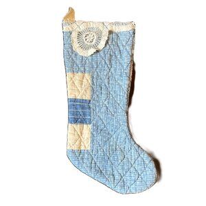 Blue and Ivory Vintage Handmade Quilt and Lace Christmas Stocking